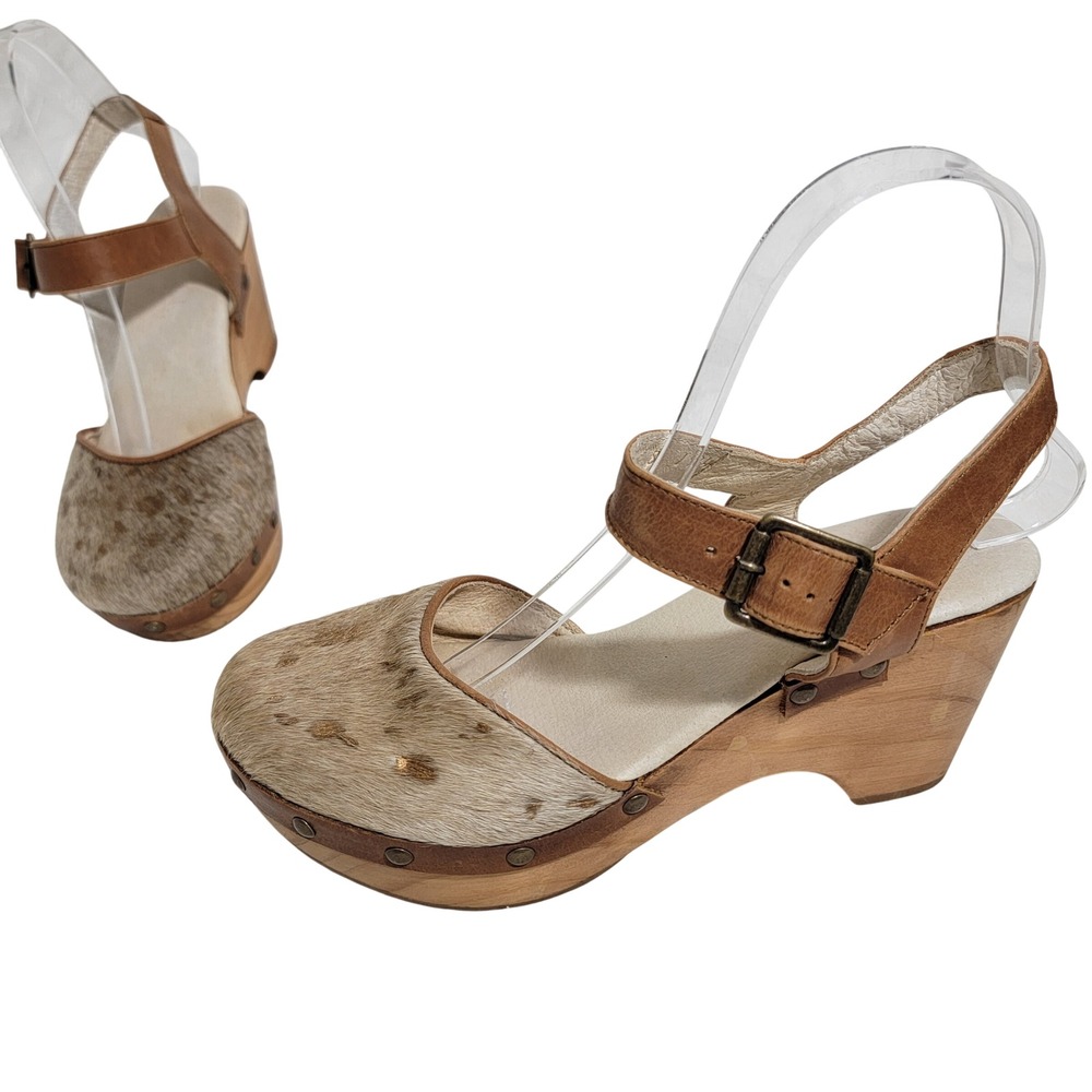 Five Worlds Womens 8 Brown Calf Hair Spotted Wood Wedge Platform Clog Sandals‎